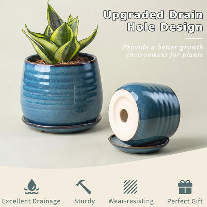 MISSYSSIM Ceramic Plant Pots with Drainage Holes and Saucers, Indoor Flower Pots for Plants Set of 3, 3.4+4.7+6.1 inch Cute Garden Pots Set for Succulent and Money Tree, Gift for Housewarmings, Blue
