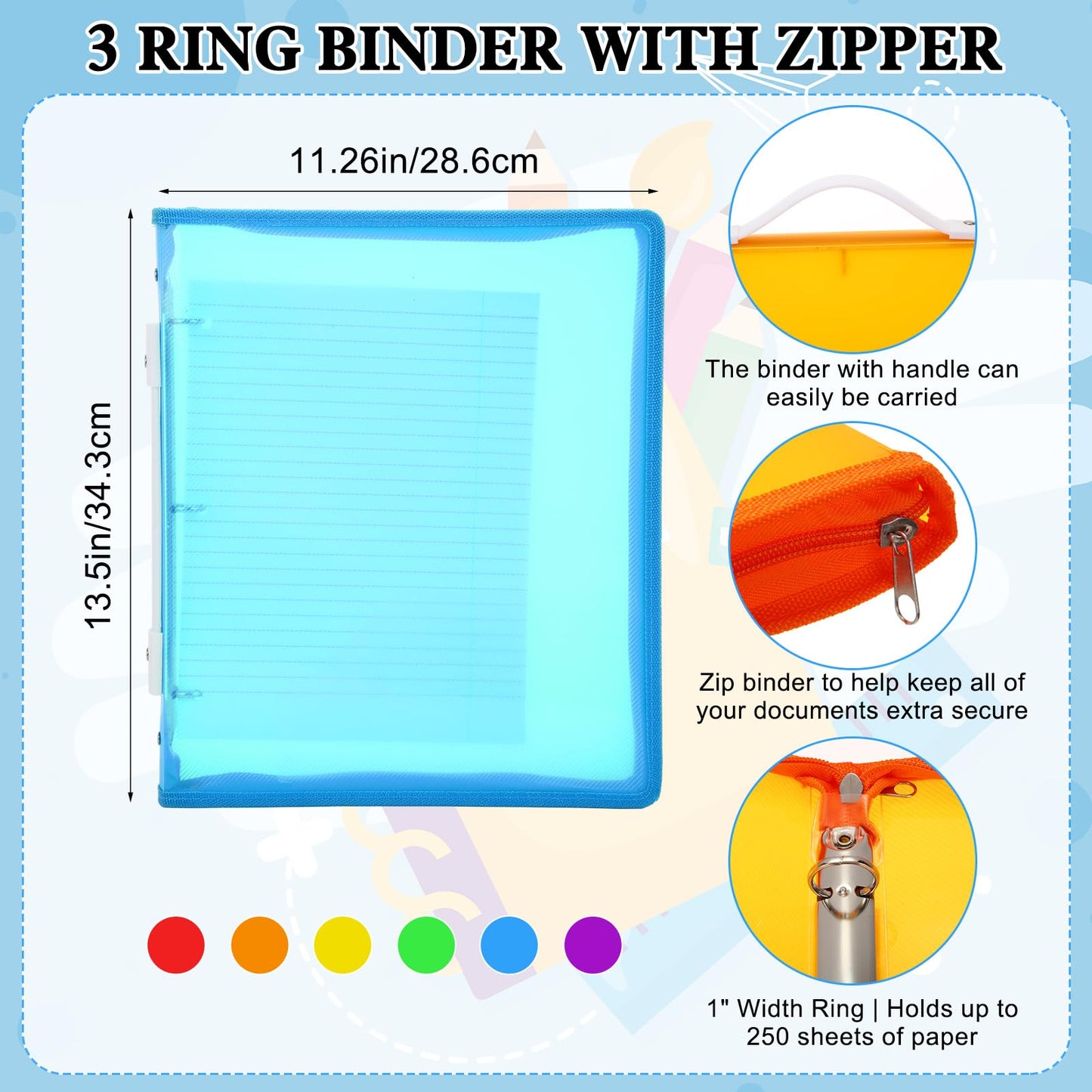 Fulmoon 6 Pack 1 Inch Zipper Binder, 3 Ring Binder with 2 Interior Pockets, Plastic Pencil Pouch, Expanding File Zippered Holds 8.5''x11'' for Projects, Assignments, Memos, School Work (Colorful)