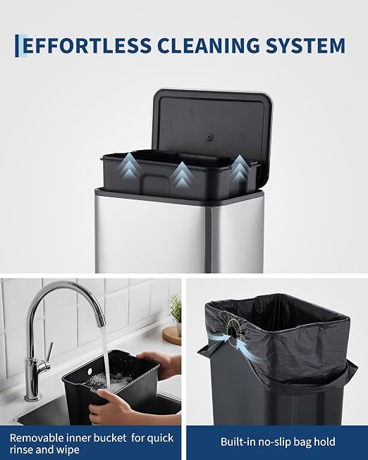 4.8 Gallon/18 Liter Trash Can, Stainless Steel Step Garbage Can with Quiet Soft-Close Lid, Foot Pedal & Removable Inner Bucket, Rectangular Trash Bin for for Small Kitchen Home Garage Office, Silver