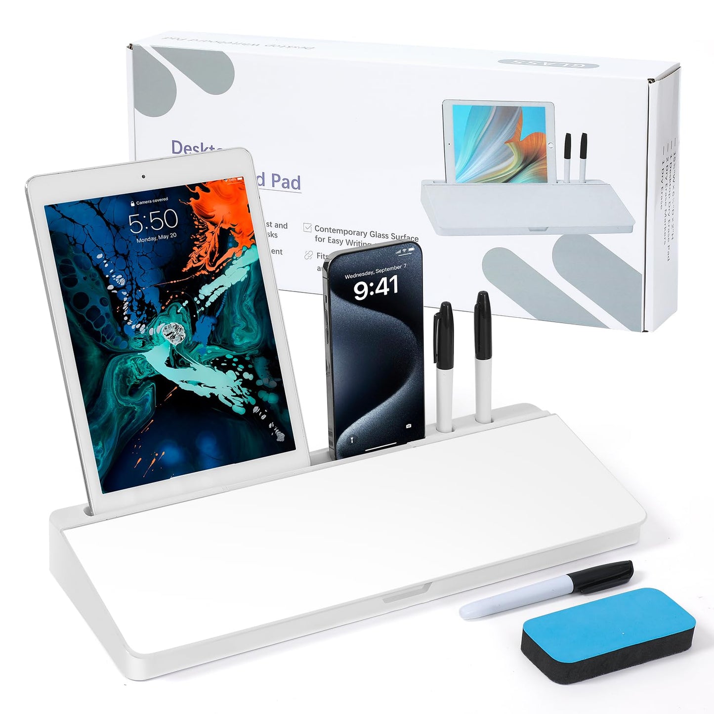 KVY Desk Whiteboard with Storage,Desktop Glass Dry Erase White Board Organizers Supplies with Accessories for Office, Home, School Essentials (White)