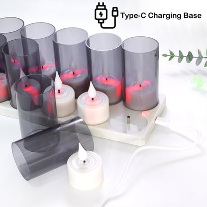 yunsheng Rechargeable Flameless Tea Lights Candles with Remote Timer & Charging Base, 12pcs Battery Operated LED Votive Candles Flickering for Home Halloween Chirstmas Lantern Candle Holder Decoration