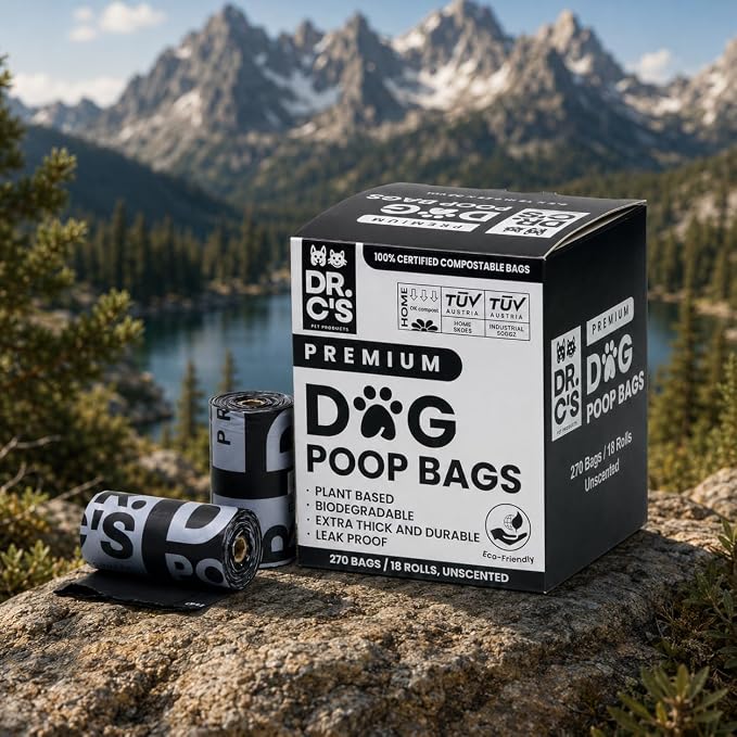100% Certified Compostable Dog Poop Bags - Dr. C's Premium Dog Poop Bags - 270 Bags / 18 Rolls, Extra thick, Leak Proof, Unscented, Plant Based and Earth Friendly