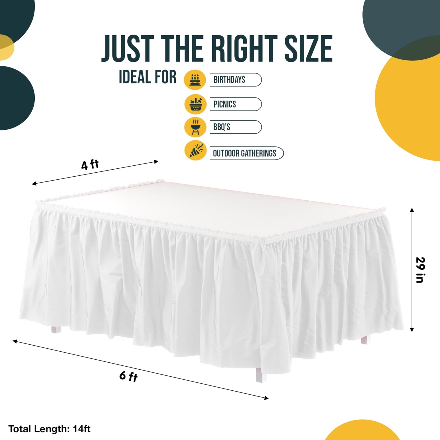 Exquisite White Table Skirt 6 Pack - Disposable Plastic Table Skirts for Rectangle Tables 6ft 8ft & Round Tables - 29in x 14ft Self-Adhesive Strip - Birthday Wedding Gender Reveal Decor