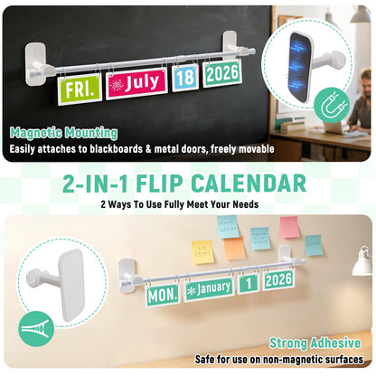 Upgraded 2-in-1 Flip Calendar for Classroom with Magnetic & Adhesive Fixing, Adjustable Magnetic Rod Flip Calendar for Whiteboard, Black and White Classroom Decor Bulletin Board Set (Patterned)