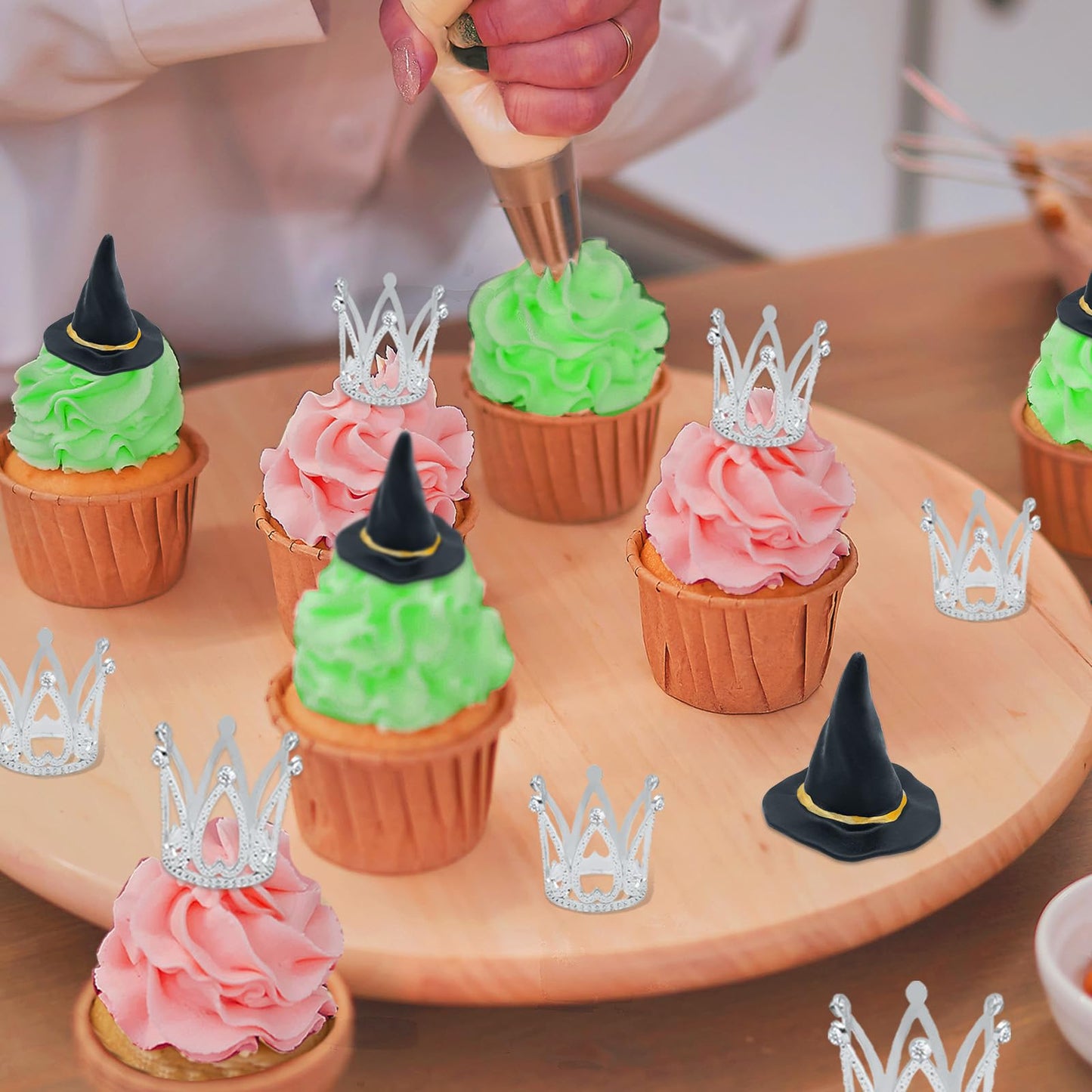 24 Pcs Witch Hat and Crown Cake Topper,Wicked Cake Topper and Wicked Cupcake Toppers,For Party, Birthday Cake, Craft Decoration