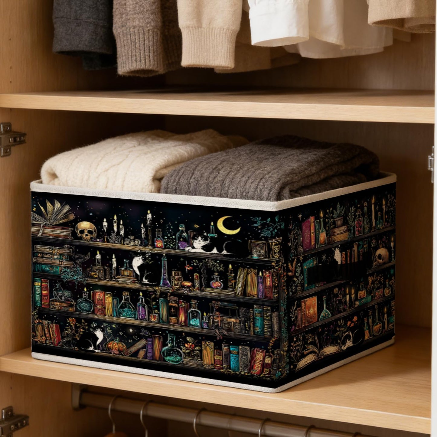 LRWHDFW Dark Gothic Book Storage Bins, Dark Academia Witchy Bookshelf Tuxedo Cat Foldable Closet Organizers Storage Basket Toybox for Reading Room Library Bedroom Bathroom Home Clothes Toys Books
