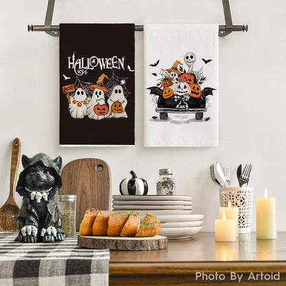 Artoid Mode Ghost Pumpkins Bats Boo Truck Spooky Halloween Kitchen Towels Dish Towels, 18x26 Inch Jack-O'-Lantern Decoration Hand Towels Set of 4
