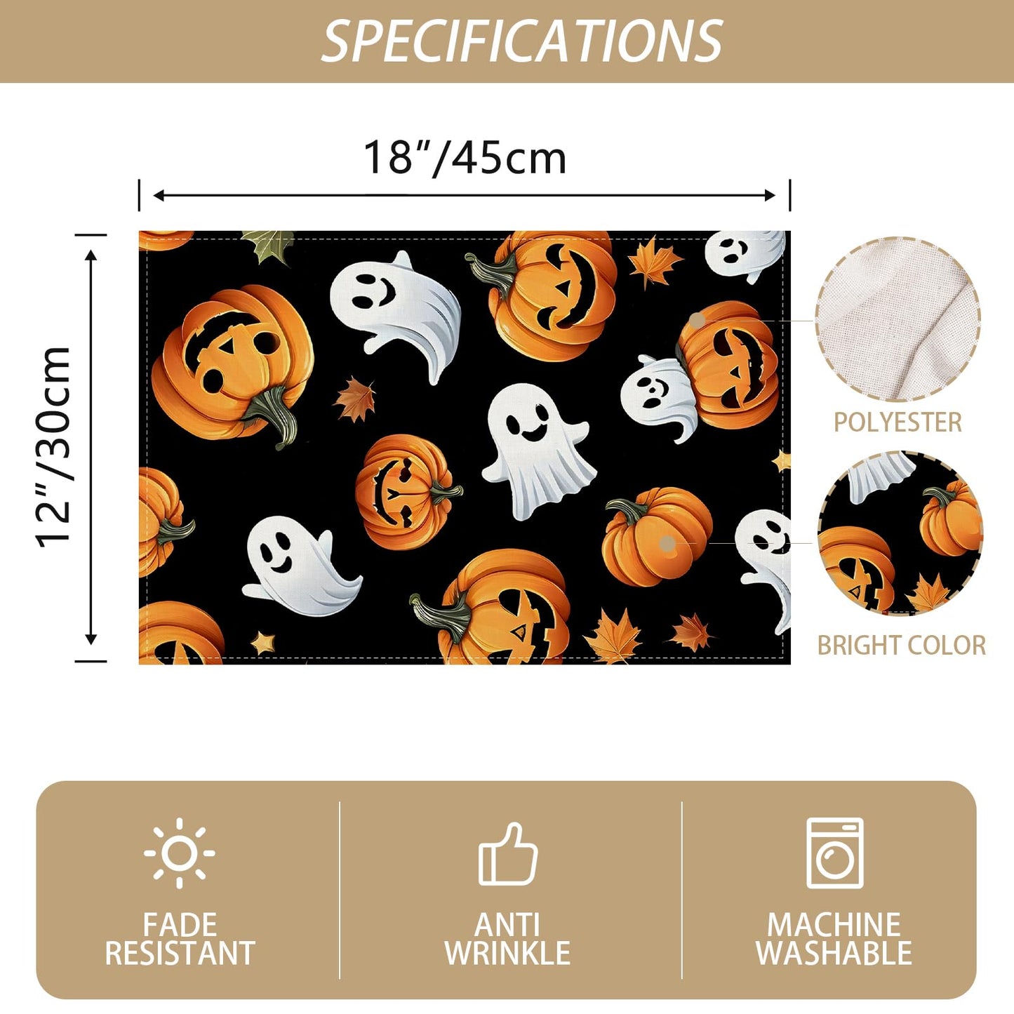 Halloween Ghost Pumpkin Placemats Set of 4 Halloween Day of The Dead Party Decorations and Supplies for Home Kitchen Dining Room Table-12×18''