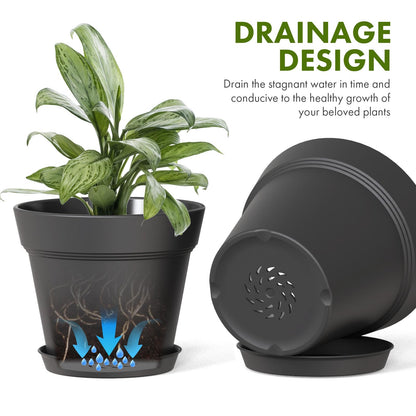 WSMKSZ 5 Inch Plastic Plant Pots with Drainage Holes and Trays – 6 Pack Small Nursery Pots for Indoor & Outdoor House Plants and Flowers, Seedling Starter Planters, Matte Black