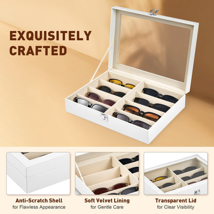 CO-Z Sunglasses Organizer with 8 Slots, Leather Eyeglasses Storage Box for Multiple Glasses, Lockable Display Case for Women Men, Glasses Holder for Watches Jewelry Collection, White