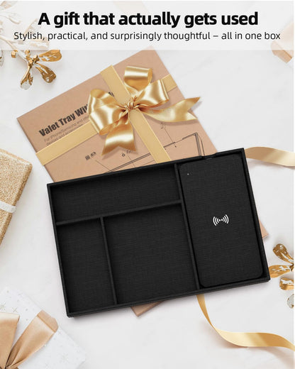 Valet Tray with Wireless Charger, Nightstand Organizer & Catchall Tray for Phone, Keys, Glasses and Accessories, Premium Linen, Stylish Desk & Bedside Storage Station, Black