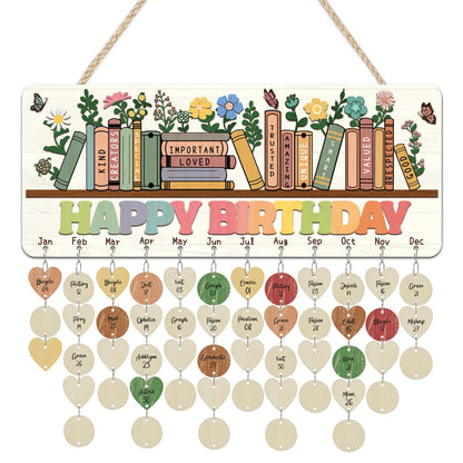 CHDITB Happy Birthday Wooden Reminder Calendar Board, Inspirational DIY Birthday Anniversary Board, Book Floral Birth Tracker Celebrations Hanging Plaque for Classroom Kids Room Decor 15.4''x 6.5''
