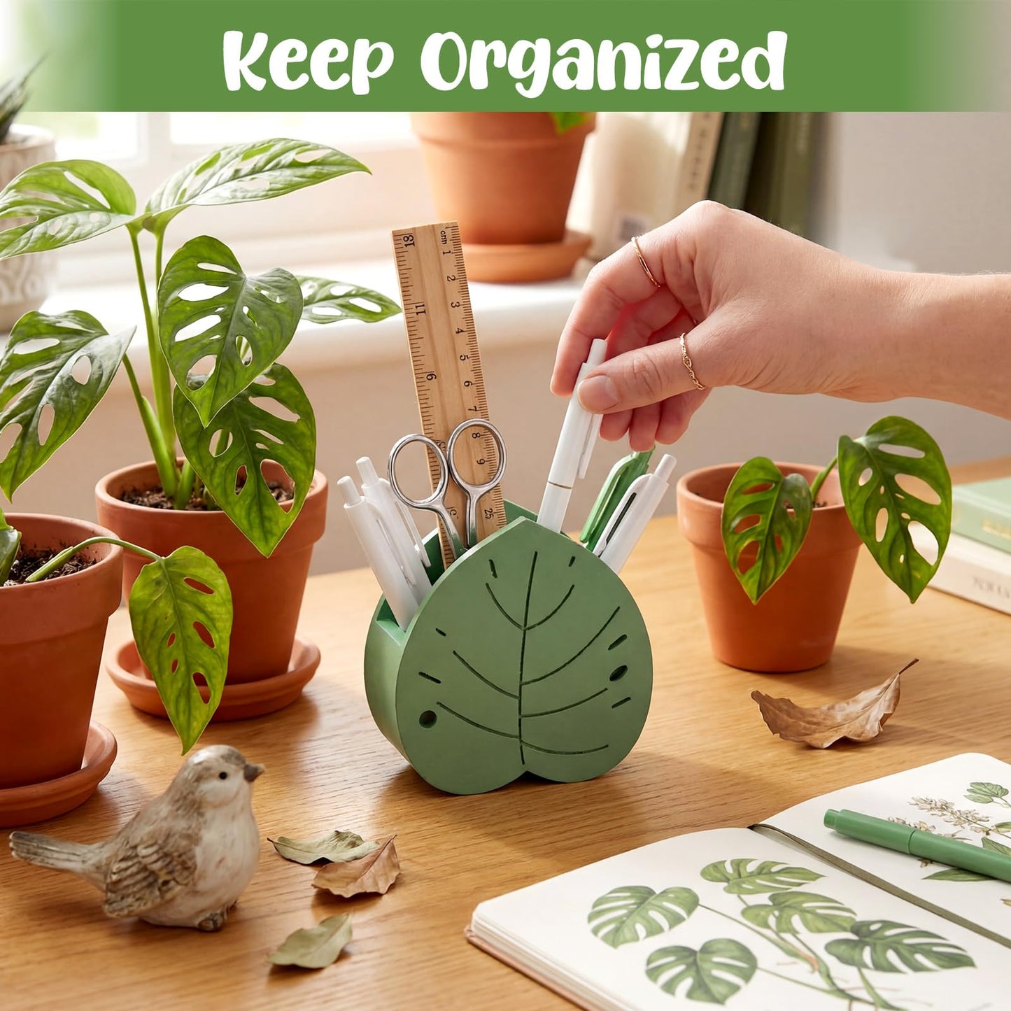 Tenceur Tropical Palms Pen Holder Green Monstera Large Capacity Pencil Holder Funny Office Decor Pencil Cup Pot Desk Organizer for Office Makeup Brush Holders Back to School Gift for Coworkers Women