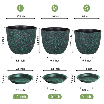 WSMKSZ Large Flower Pots 12/10/9 inch, Set of 3 Decorative Plastic Planters with Drainage Holes and Saucers for Garden House Plants, Plant Pots for Indoor Outdoor Plants, Black with Green Speckles