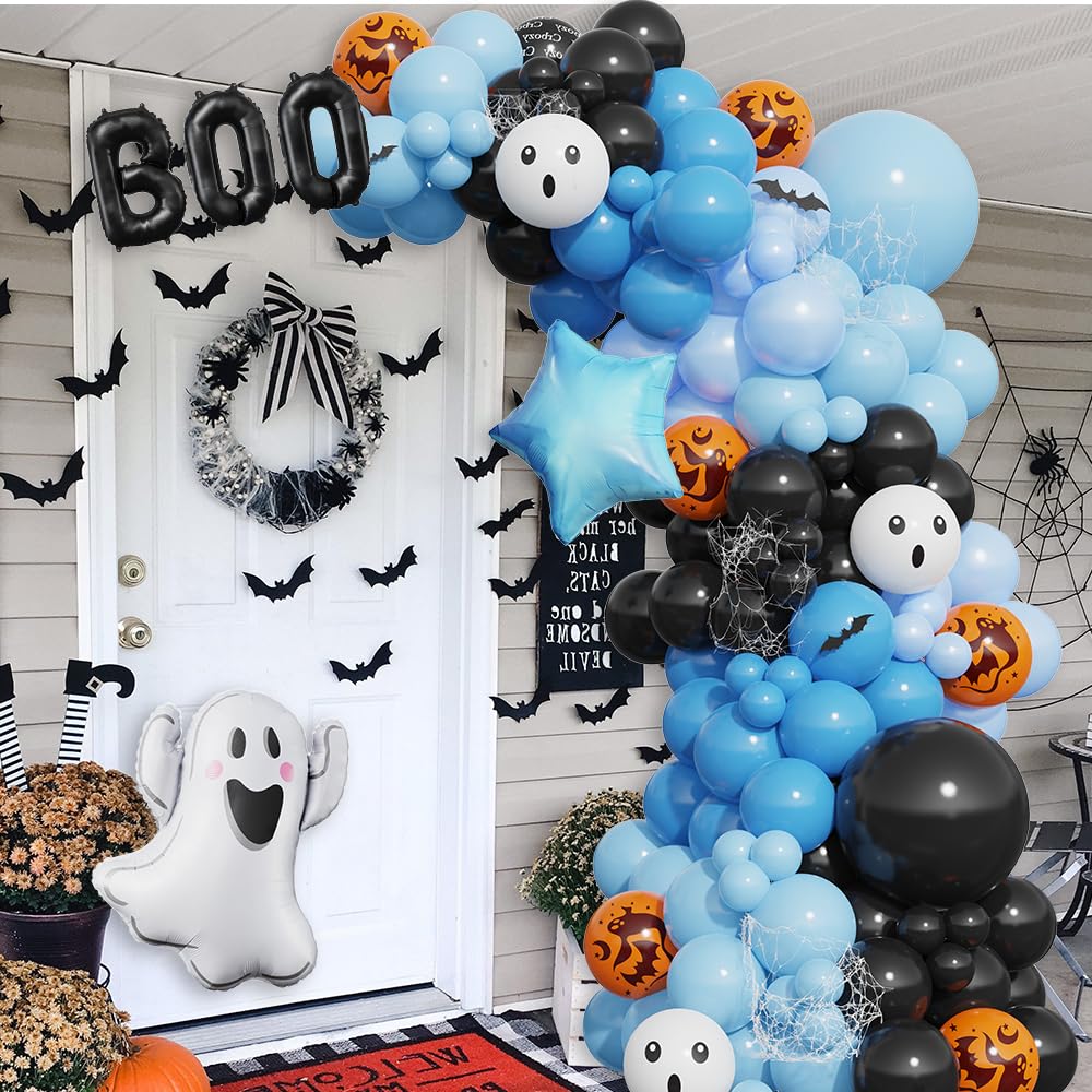 A Little Boo Is Almost Due Balloon Arch Kit, Black Blue Orange Latex Balloons with Boo and Ghost Foil Balloons, 152 Pcs for A Little Boo Is Almost Due Baby Shower Halloween Birthday Party Decorations