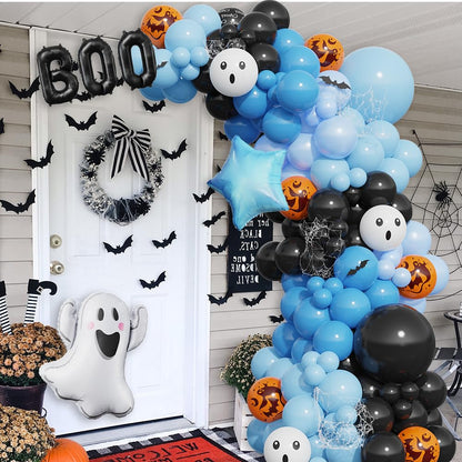 A Little Boo Is Almost Due Balloon Arch Kit, Black Blue Orange Latex Balloons with Boo and Ghost Foil Balloons, 152 Pcs for A Little Boo Is Almost Due Baby Shower Halloween Birthday Party Decorations