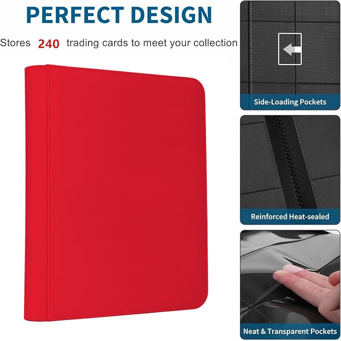Trading Card Binder 4 Pocket, 240 Pockets Ringless PU Cover Card Collection Binder, Double Sided Card Binder Collector Album, Card Folder for MTG, TCG, Sports Cards, Game Card (Red, 4Pockets)