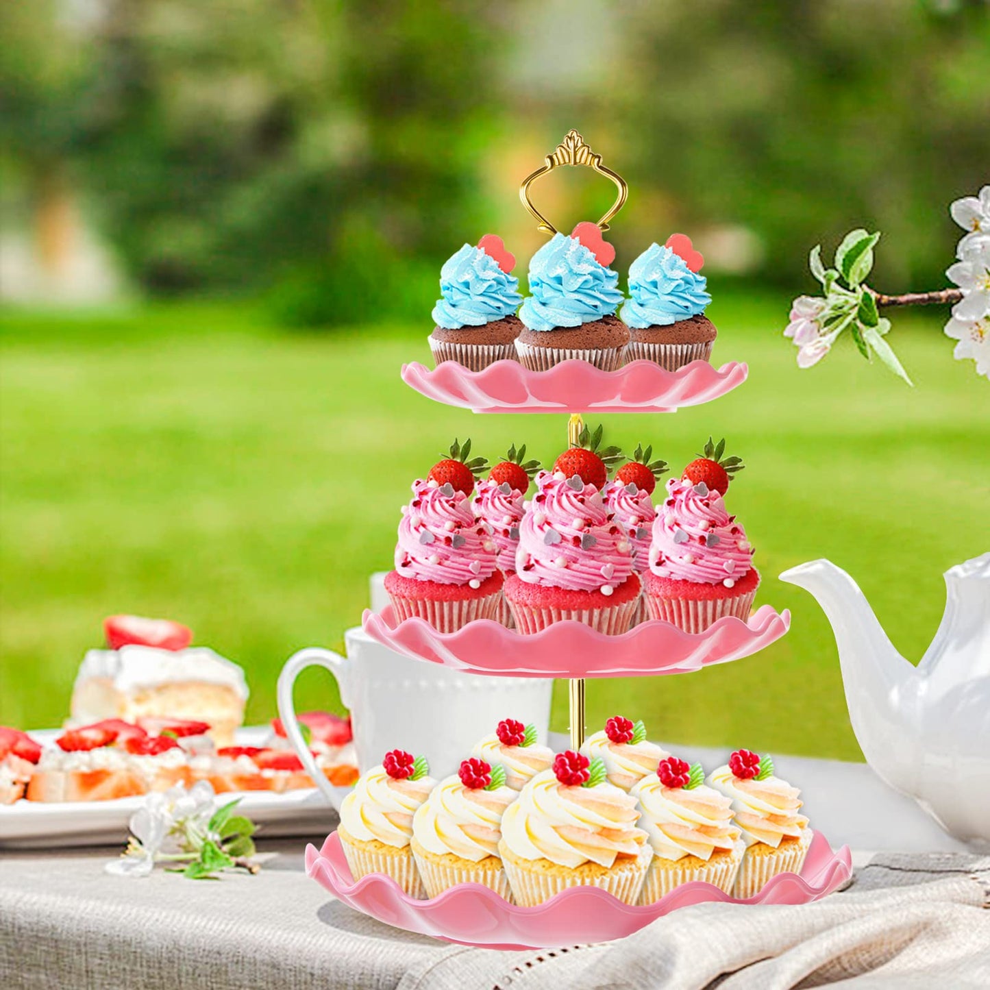 3 Tier Cupcake Stand Holder, BACUTHY Plastic Cup Cake Stand Tower with Tiered Serving Tray for Cupcakes, Donuts, Fruits and More, Pink