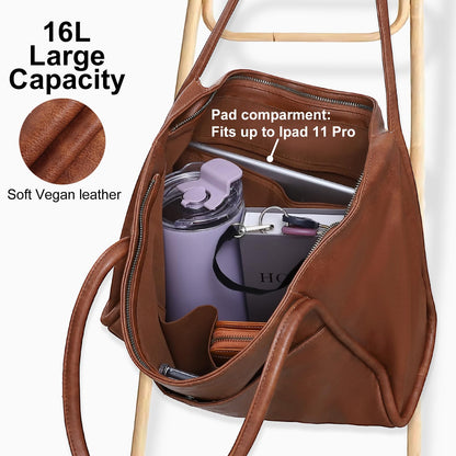 Utenwat Large Tote Bag for Women Work with Zipper 16L Vegan Leather Ladies Travel Purses and Handbags Brown