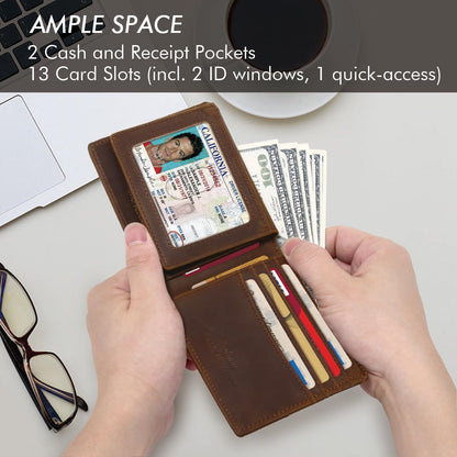 Pefiam Full Grain Leather Wallet for Men, RFID Blocking, Mens Wallet Bifold with 2 ID Windows, Billfold with 13 Card Slots, Leather Gift for Men, American Flag Wallet Dark Brown