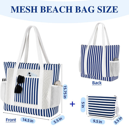 MIAOJIE Mesh Beach Tote Bags for Women Corduroy Tote Bag Sandproof Mesh Beach Bag With Zipper Pocket Pool Bag for Weekender Travel Cruise Swim -Blue Stripes