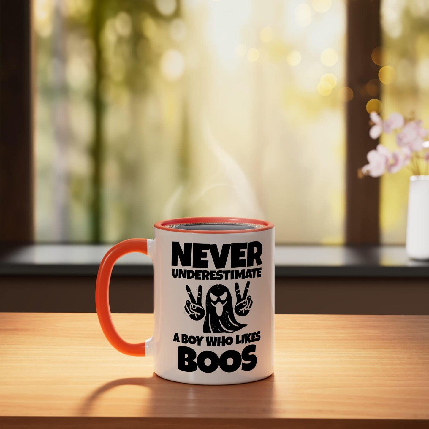 Never Underestimate A Boy Who Likes Boos Ghost Halloween Ceramic Mug, Orange/White