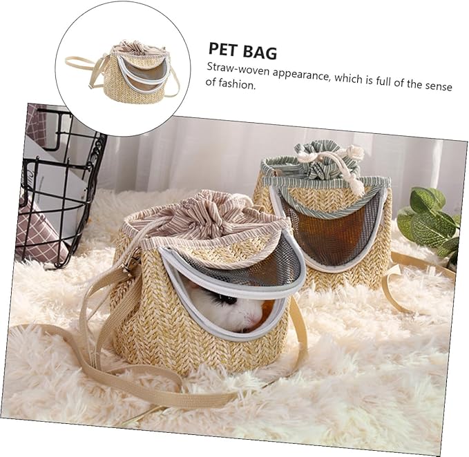Portable Hamster Carrier with Ventilated Gauze Small Pet Carry-Out Bag Lightweight Straw-Woven Design for Outdoor Travel 5.51X5.51X4.72In
