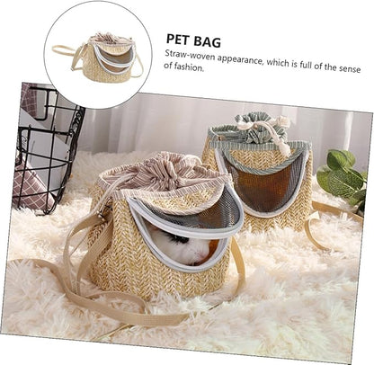 Portable Hamster Carrier with Ventilated Gauze Small Pet Carry-Out Bag Lightweight Straw-Woven Design for Outdoor Travel 5.51X5.51X4.72In