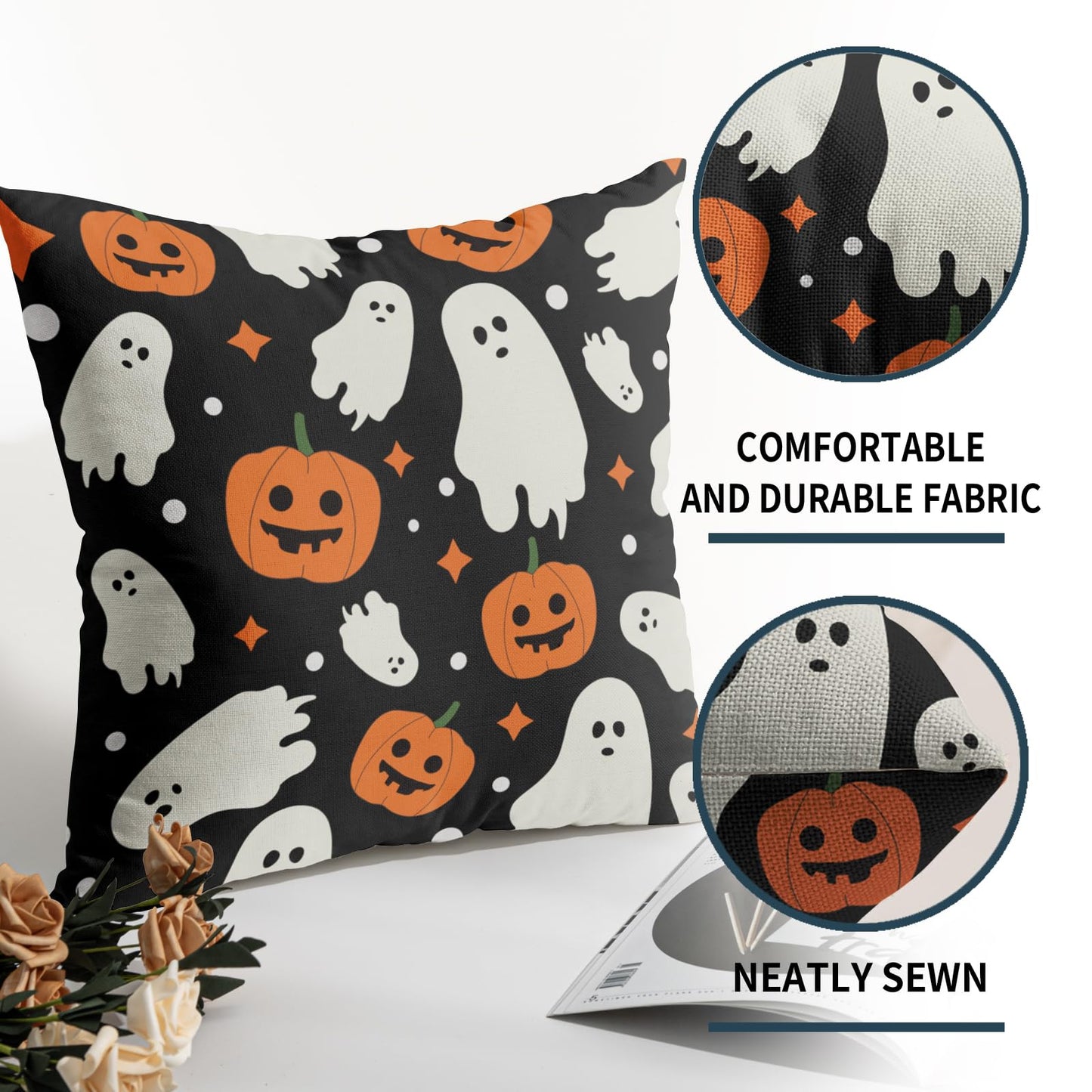 Robvobe Halloween Pillow Covers 22x22 Set of 2 Cute Ghost Pumpkin Print Outdoor Decorative Throw Pillows Halloween Scary Themed Farmhouse Pillowcases Linen Cushion Case Decor for Home Sofa Couch Bed