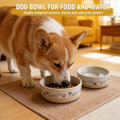 Elevated Ceramic Dog Bowls with Wooden Stand，6.1inch Raised Dog Bowls with Cute Pattern for Small and Medium Breed Dogs,2 Pack Dogs Food and Water Bowl Set,Weighted Pet Dishes Dishwasher Safe