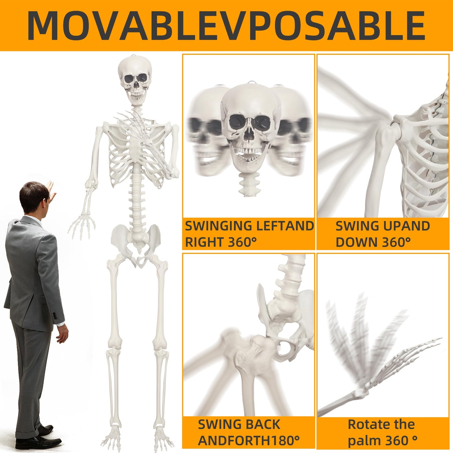 Lodou 1PC 7.9ft/240cm Halloween Giant Skeleton Full Body Realistic Human Bones with Adjustable Joints for Indoor Outdoor Halloween Decor