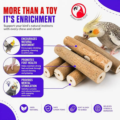 Bonka Bird Toys 1211 Pk6 Natural Bark Sola Sticks, 6-Pack, 3" Long, 1.25" Diameter, Soft Chew and Foraging Toy for Birds, Parrots, Parakeets, Cockatiels, Lightweight, Natural, Safe, Eco-Friendly