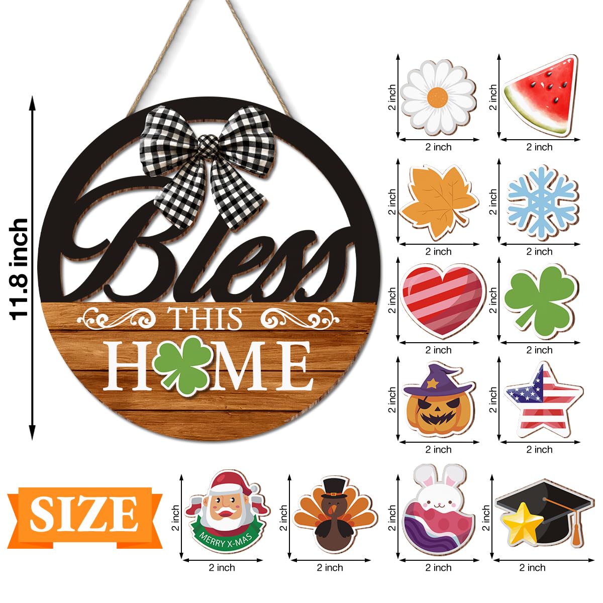 Interchangeable Seasonal Bless This Home Hanging Sign - Farmhouse Front Door Decoration for Spring All Seasons Holidays - Rustic Round Wood Wreaths with 12 Icons(Orange)