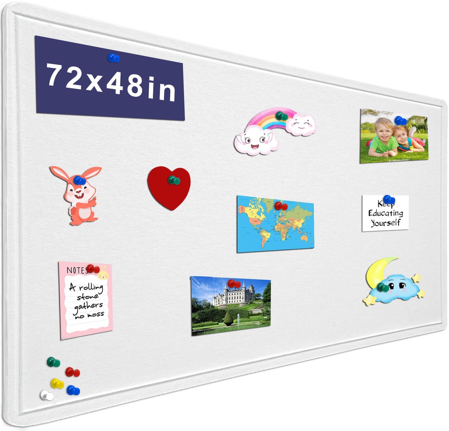 Large Bulletin Board - 72 X 48 inches Decorative Felt Pin Board - 6' x 4' Cork Board Alternative for Wall - Foldable Picture Board Self-Adhesive Vision Board Prayer Board with 30 Pushpins - Warm White