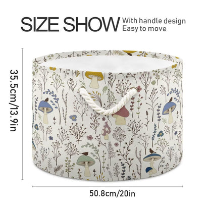 Retro Mushroom Print Round Storage Basket Mushroom Wild Plant Large Laundry Hamper 20 x 20 x 14 Inches Organizer Bin with Cotton Rope Handles Clothes Storage Bag for Nursery Bedroom Living Room Decor
