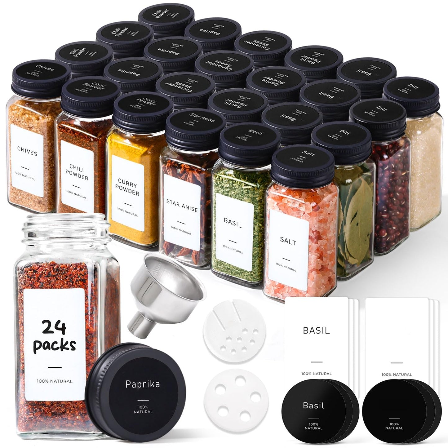 ComSaf Aesthetic Minimalist Glass Spice Jars with Labels, 24Pcs 4oz Empty Spice Containers with 93 Labels, Metal Funnel, Extra Shaker Lids, Square Spice Bottles for Kitchen Organization