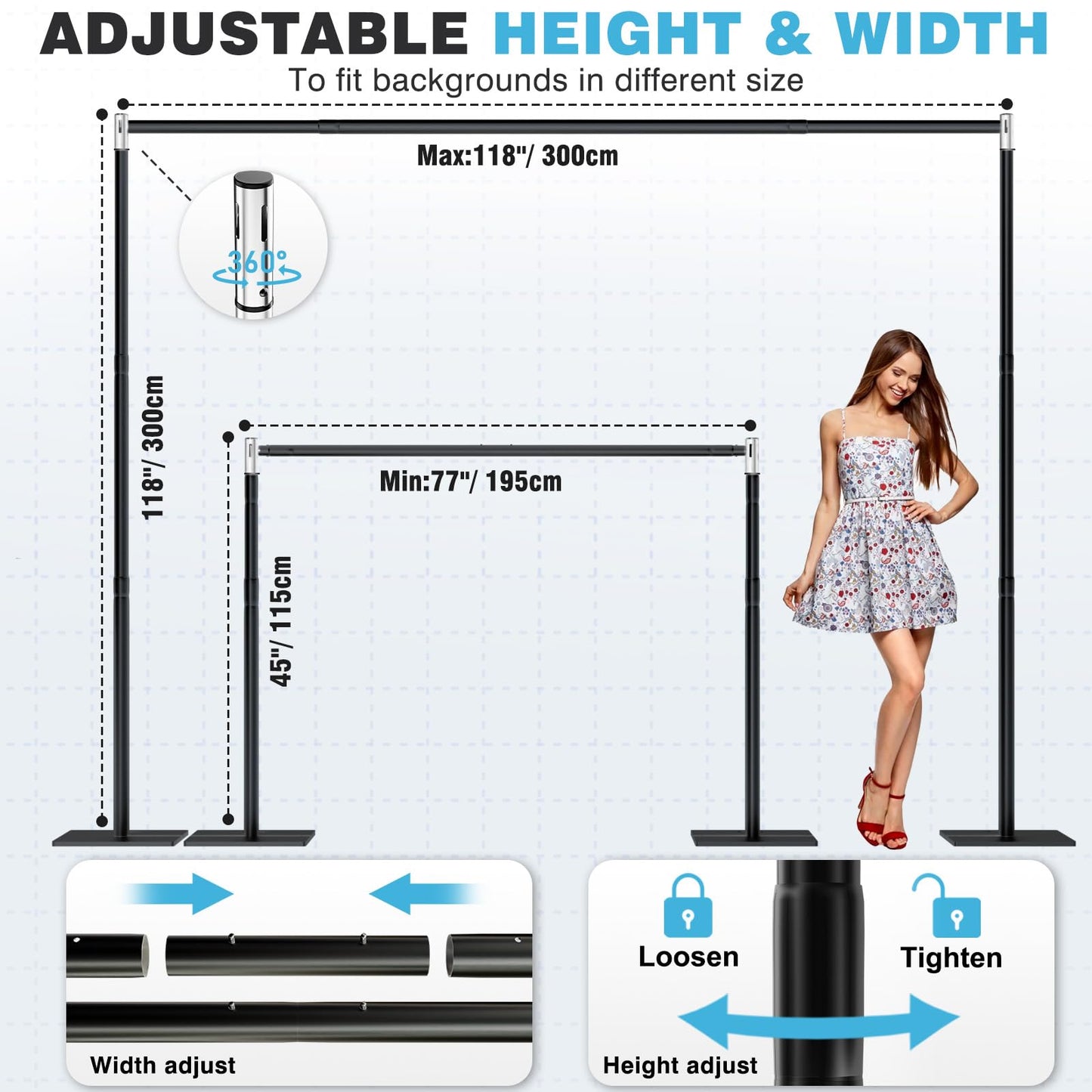 Gsskny Pipe and Drape Backdrop Stand, 10x10ft Heavy Duty Backdrop Stand with Metal Base, Adjustable Height & Width, Black Background Holder for Wedding Photography Birthday Party Baby Shower Decor（Capacity of up to 25 lbs）