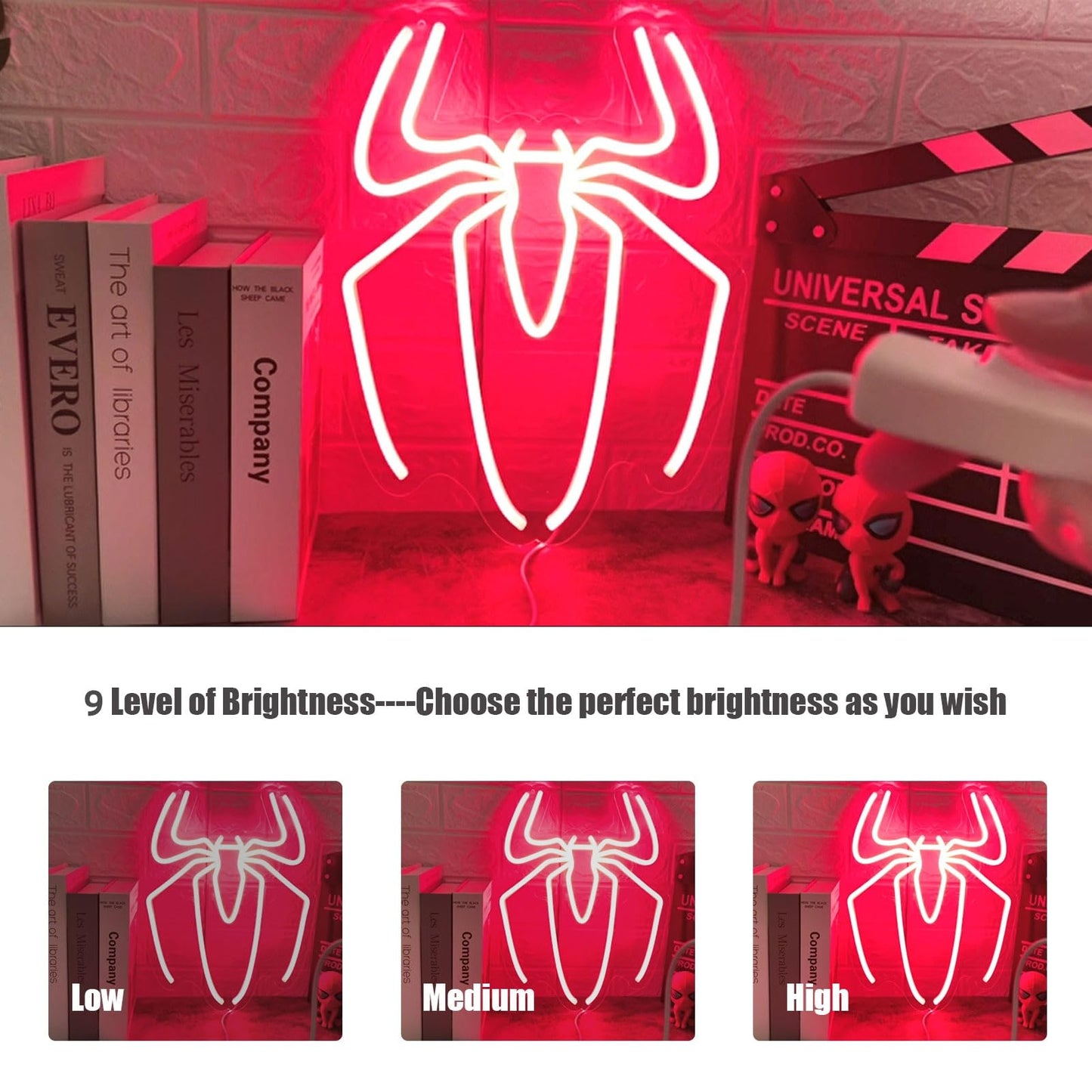 Spider Neon Sign Lamp - 10 Level Dimmable Spider Wall Decor Night Light with USB Power for Boys Room, Bedroom, Gaming Room, Anime Neon Sign, Happy Birthday Gift for Kids and Boyfriend