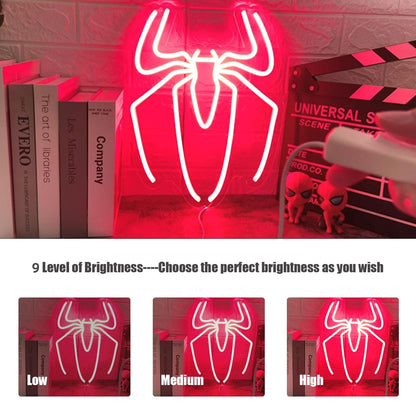 Spider Neon Sign Lamp - 10 Level Dimmable Spider Wall Decor Night Light with USB Power for Boys Room, Bedroom, Gaming Room, Anime Neon Sign, Happy Birthday Gift for Kids and Boyfriend