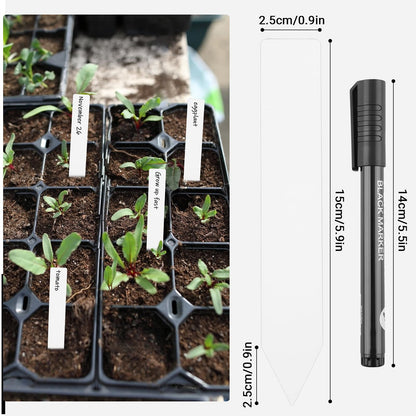 GREANER Window Boxes Planters with 100PCS 6inch White Plant Label, 3PCS 16x3.8 Inch Black Rectangle Planters Box with Drainage Holes and Trays, Herb Succulents Flowers Plastic Pot for Windowsill, Gard