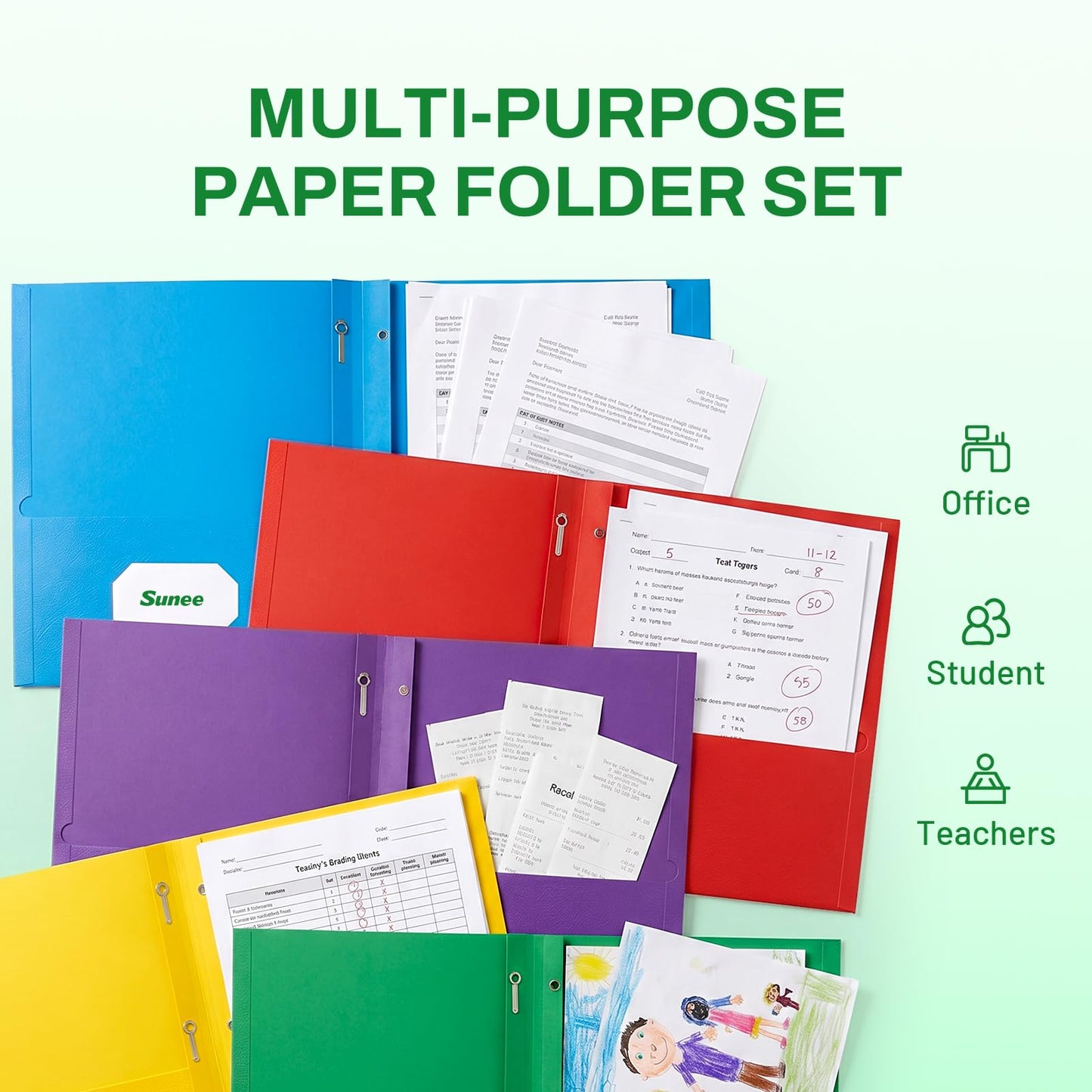 SUNEE 2 Pocket Folders with Prongs (25 Pack, Green), Paper Folders with 2 Pockets and 3 Prongs Fit Letter Size Paper, Folders with Prongs for School Office Home Business