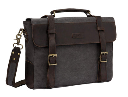 VASCHY Vintage Canvas Leather Messenger Bag School Shoulder Bag Business Briefcase Satchel Gray