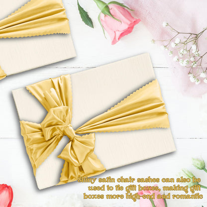 Eychei 12pcs Gold Satin Chair Sashes & Bows, 7x108in Chair Bow Ties for Wedding, Party, Banquet, Restaurant, Hotel Events