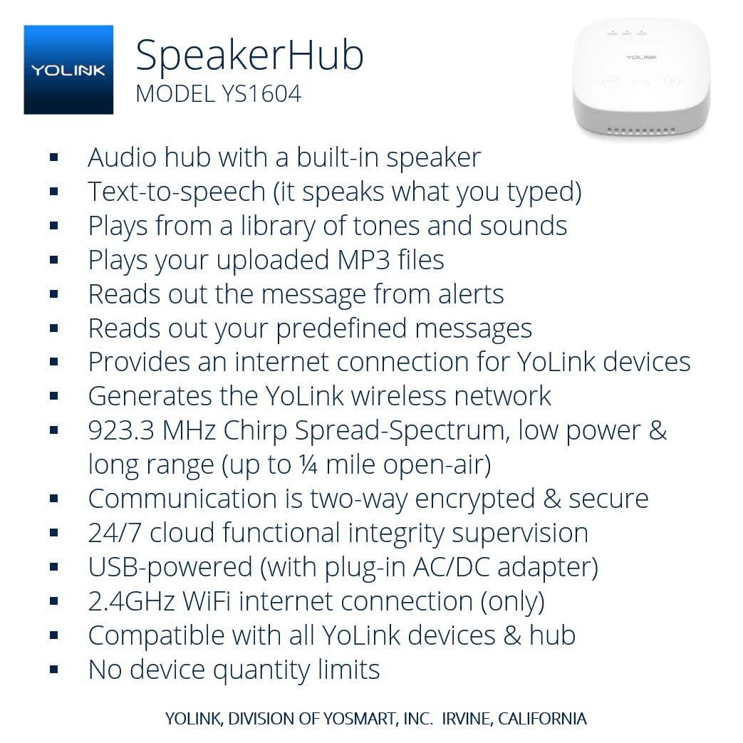 YoLink Water Leak Detection Starter Kit, w/SpeakerHub Audio/Talking Hub & Water Leak Sensors, LoRa Up to 1/4 Mile Open-Air Range, SMS/Text, Email & Push Notifications, w/Alexa, IFTTT, Home Assistant