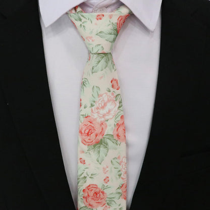 GHTIYLP Cotton Floral Ties for Men 2.56" Men's Skinny Tie Linen Flower Printed Neck Tie for Wedding Dating Party (Pink Peony)