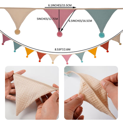 Fabric Bunting Banner, 2 Pack Handmade Neutral String Banner with Felt Ball Each 8.5 ft 10 Flags Nursery Wall Hanging Wedding Birthday Home Baby Shower Party Decoration Bunting (Orange 2 Pack)