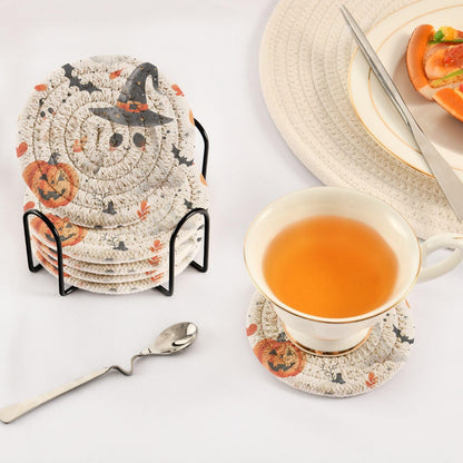 Msyxl Cute Halloween Drink Coasters Set - 6 Pcs Minimalist Woven Coasters with Holder for Home Decor, 3.94 Inch Absorbent Coasters for Drinks