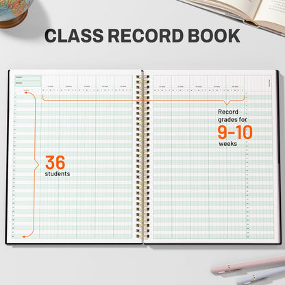 SUNEE Teacher Class Record Book for 9-10 weeks, 36 Names, 8.5x11 Inch, 104 Pages (52 Sheets), 100gsm Thick Paper, Larger Grade Recording up to 36 Students with Water-Resistant Plastic Cover, Black