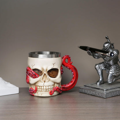 Skull Octopus Tentacle Beer Mug for Men Women Stainless Steel Resin Cthulhu Gothic Mug, Suitable for Halloween, Horror Lovers and Dark Decoration