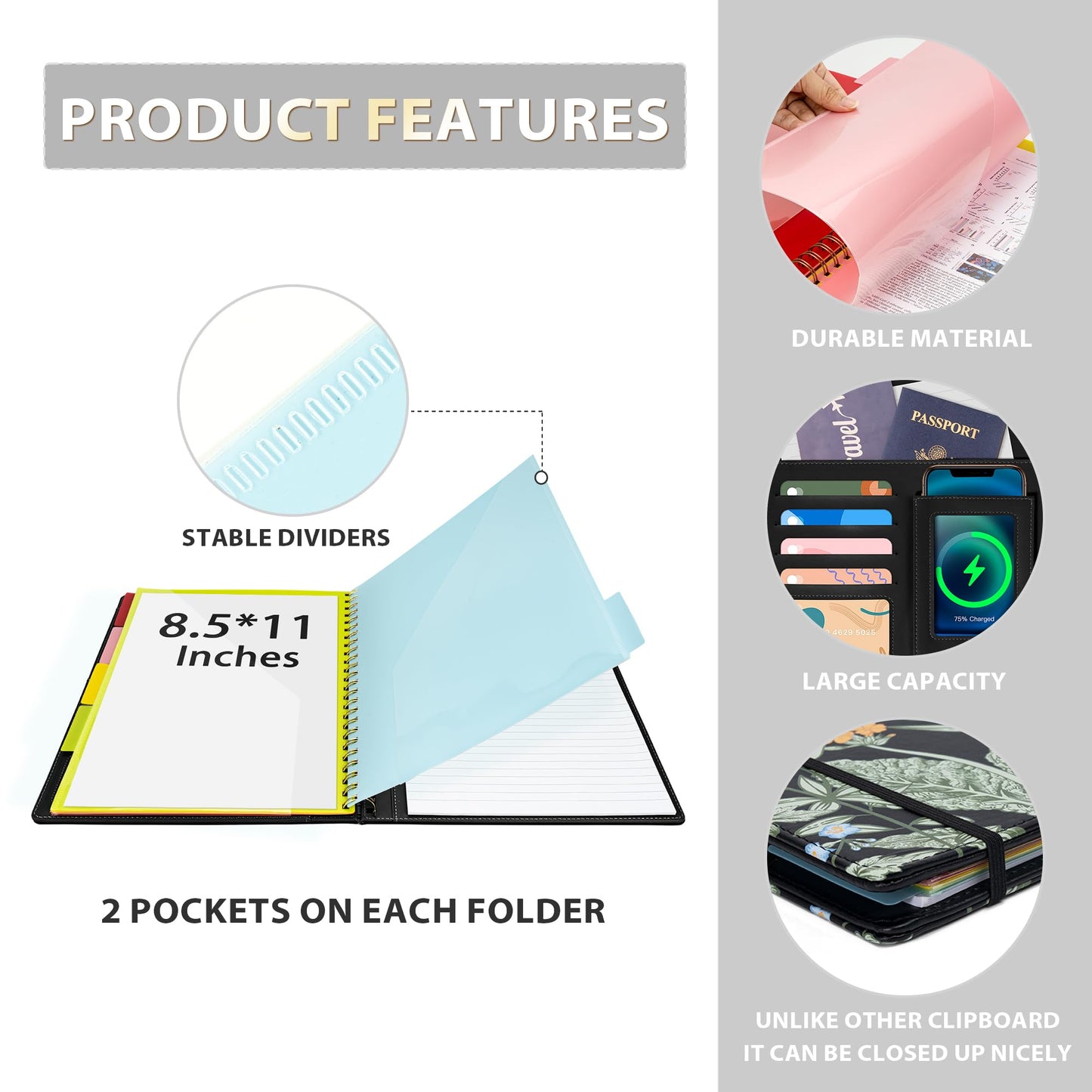Ospelelf Clipboard with Storage for Women, Leather Padfolio Portfolio Organizer 5 Folders with 10 Pockets, Spiral Clipboard Folio with Notepad for Letter Size, Elastic Closure and Pen Loop Floral